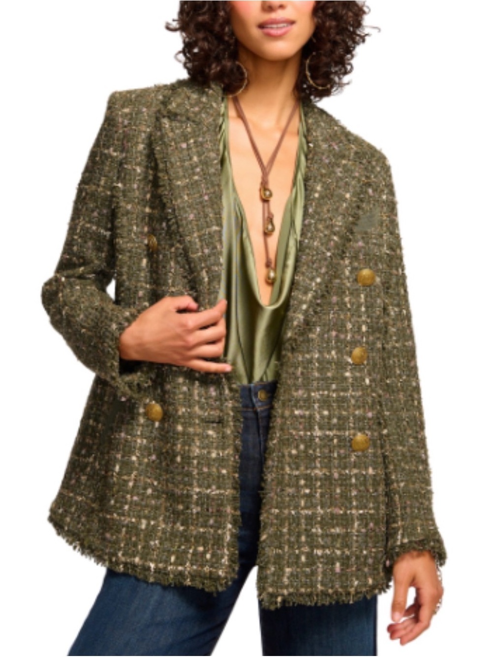 Ramy Brook Olive Tweed Double-Breasted Blazer with Gold Buttons